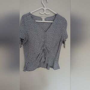 H&M Black and White Ruched Tie Front Blouse